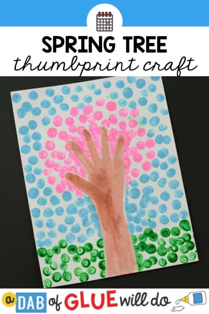 spring fingerprint tree craft with blue pink and green paint