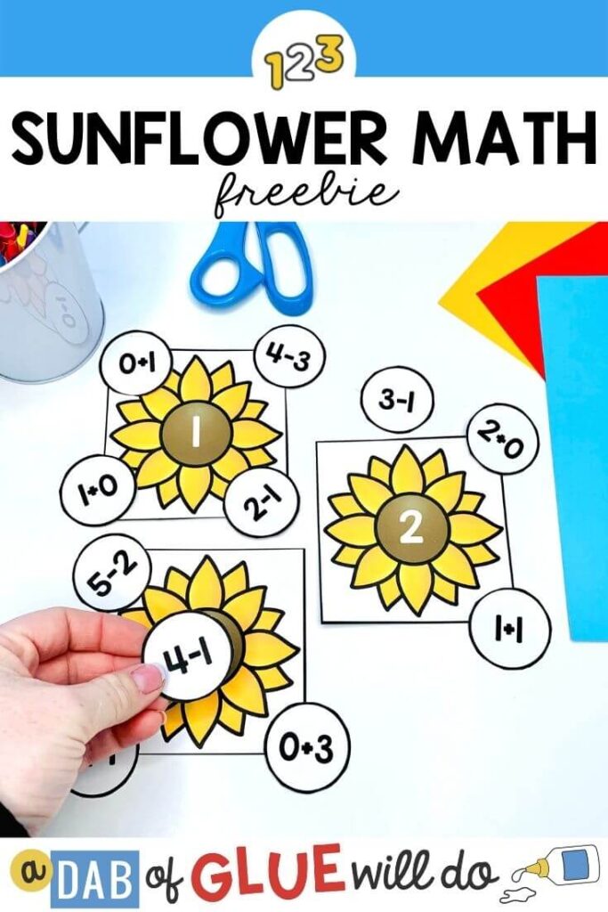 Sunflower mats with numbers in the centers surrounded by white circles that have addition and subtraction equations on them that match the number in the center. 