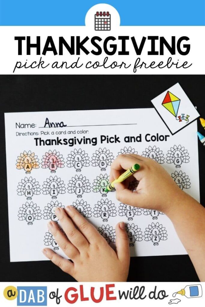 A paper with small turkeys that have the letters of the alphabet on them. A card with a kite and a child's hands coloring in the turkey with the "K" on it with a green crayon. 