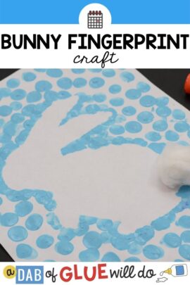 white piece of paper with blue fingerprints painted around a bunny outline with a cotton ball tail
