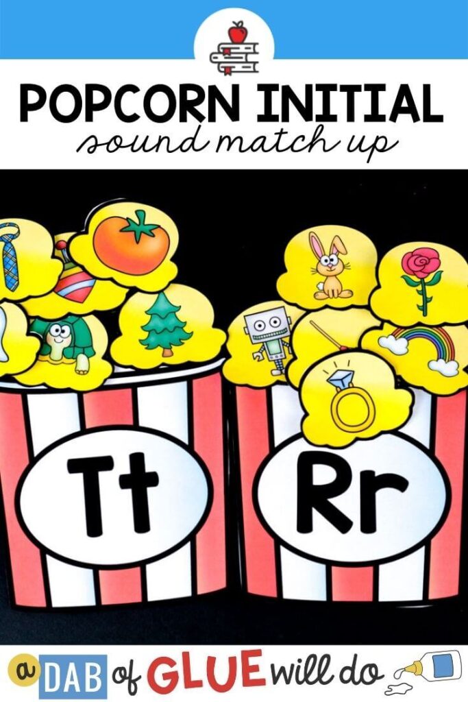 Two paper popcorn holders, one with the letter "Tt" on it and the other "Rr" with paper popcorn stacked on top that have a picture on them that begins with the corresponding sound.