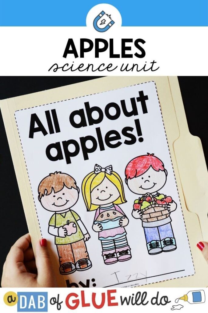 A file folder with a paper cover on it titled "All About Apples!"