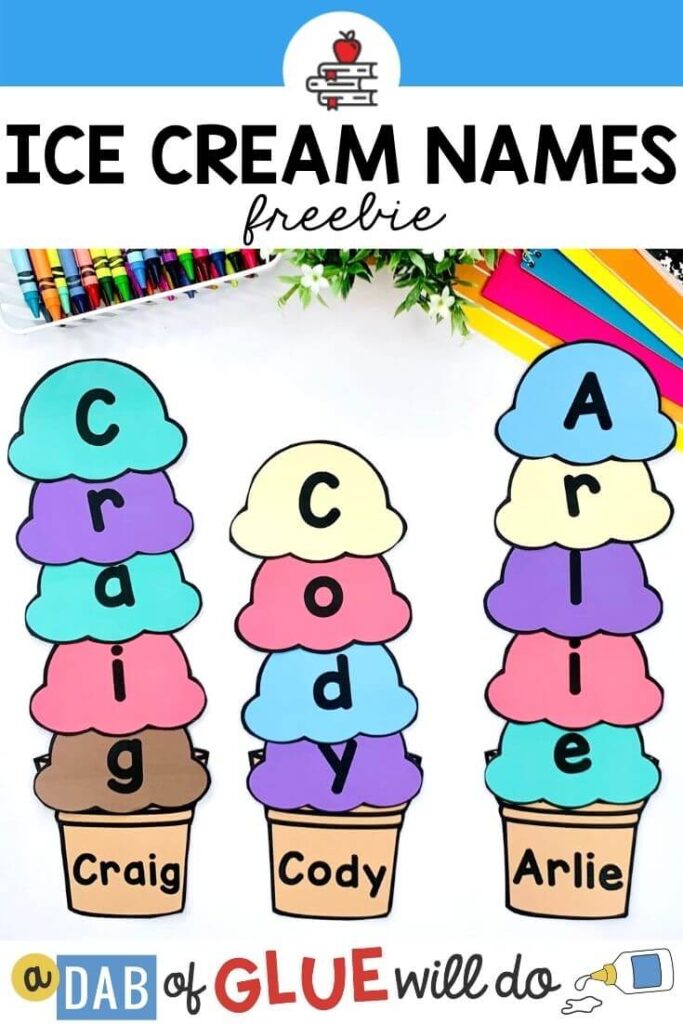 Paper ice cream cones with names on them with colorful scoops spelling out the names. 