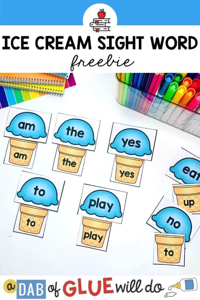 Paper ice cream puzzles with blue ice scream scoops and brown cones with sight words on it