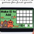 An ipad screen with two ten frames and pumpkins with the words "Make 10 to Add."