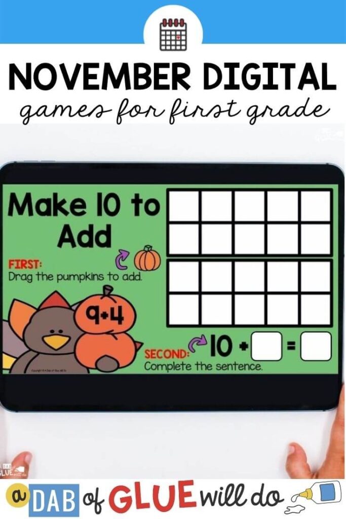 An ipad screen with two ten frames and pumpkins with the words "Make 10 to Add."