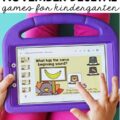 A child using a tablet with a purple case sliding their finger to match beginning sounds.