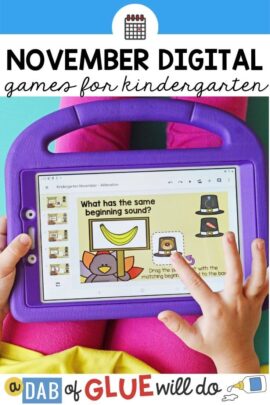 A child using a tablet with a purple case sliding their finger to match beginning sounds.