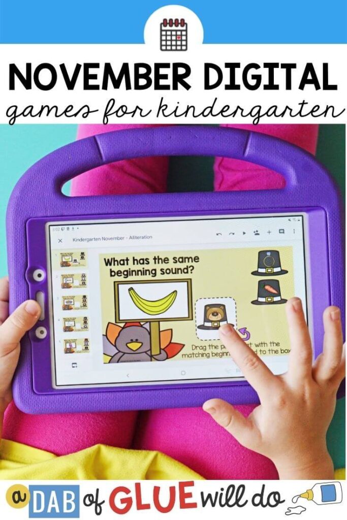 A child using a tablet with a purple case using their finger to slide and match pictures with beginning sounds.