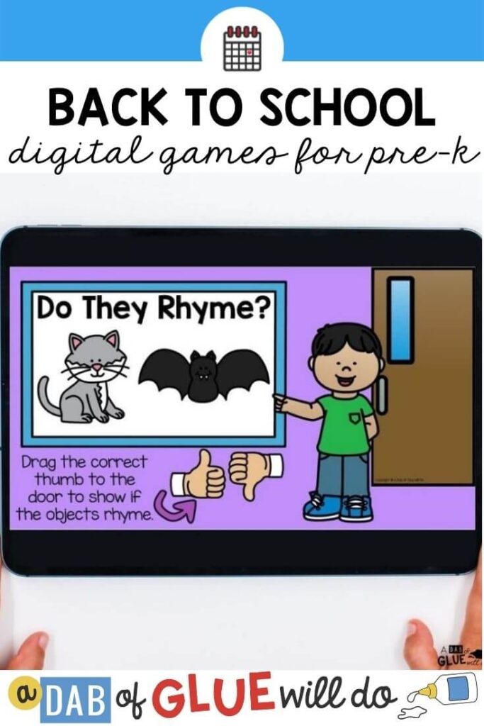 A rhyming game on an iPad screen.