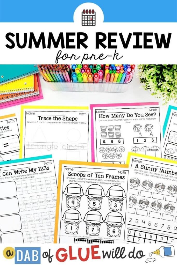Different review printables for math on a table. 