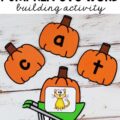 A paper pumpkin with a yellow cat on it in a wheelbarrow with three pumpkins spelling the word cat.
