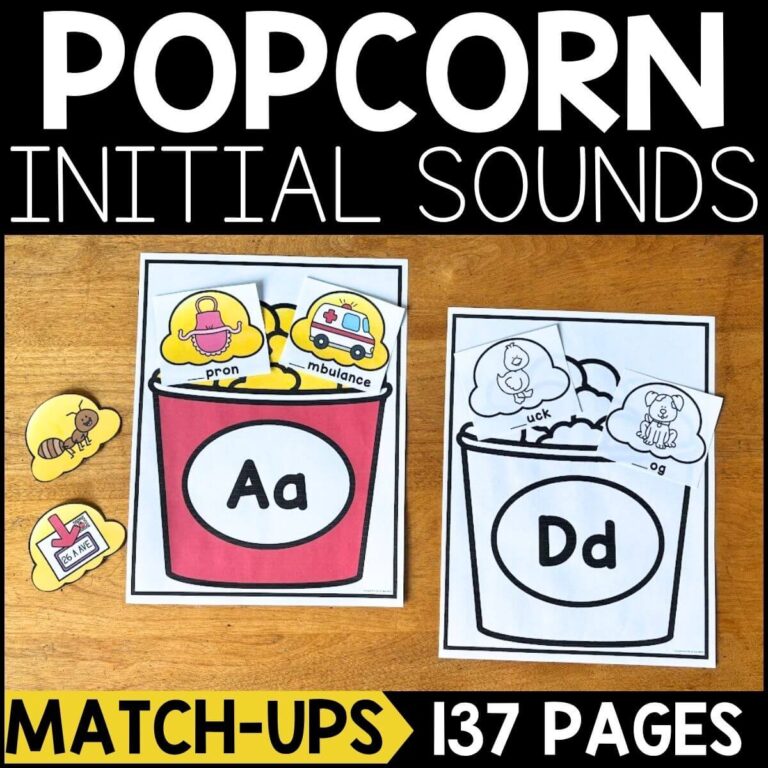 Popcorn Initial Sound Match-Up - A Dab of Glue Will Do