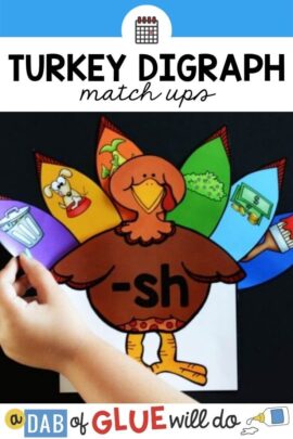 paper turkey with the digraph "sh" on the body and pictures that have "sh" words on them on the feathers.