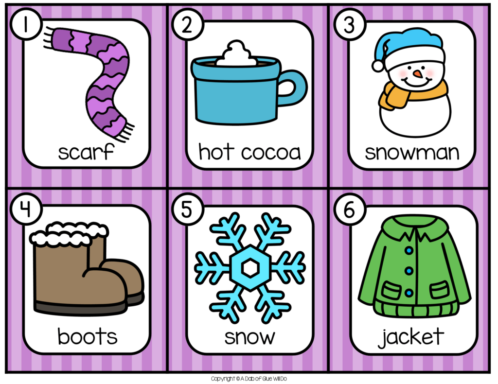 write the room winter activities scarf, hot cocoa, snowman, boots, snow, jacket