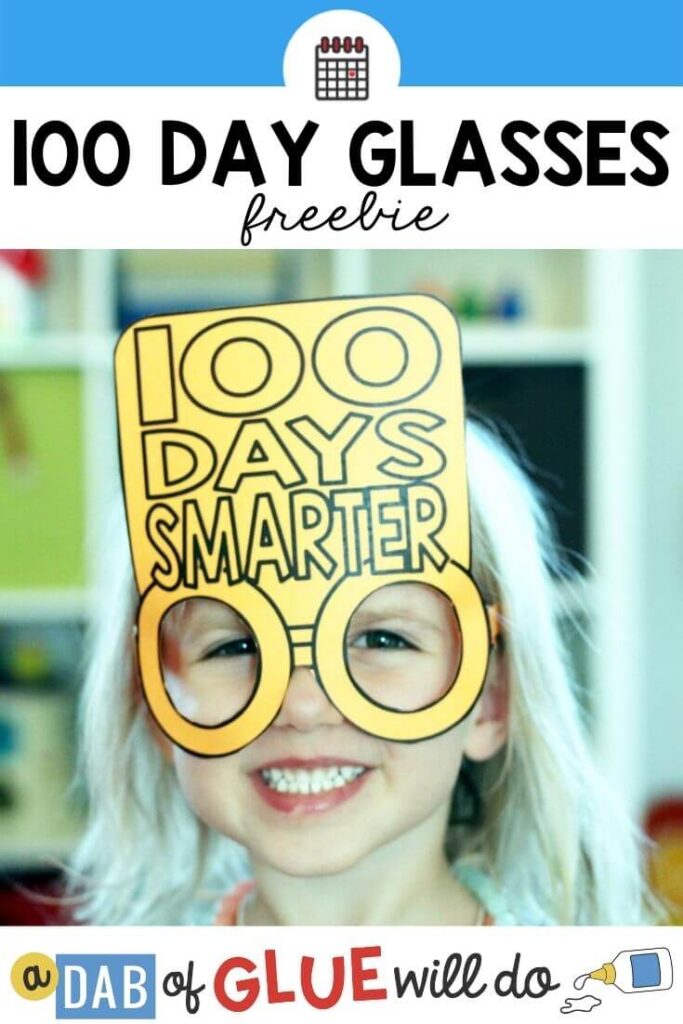 A child wearing yellow paper glasses that say "100 Days Smarter"