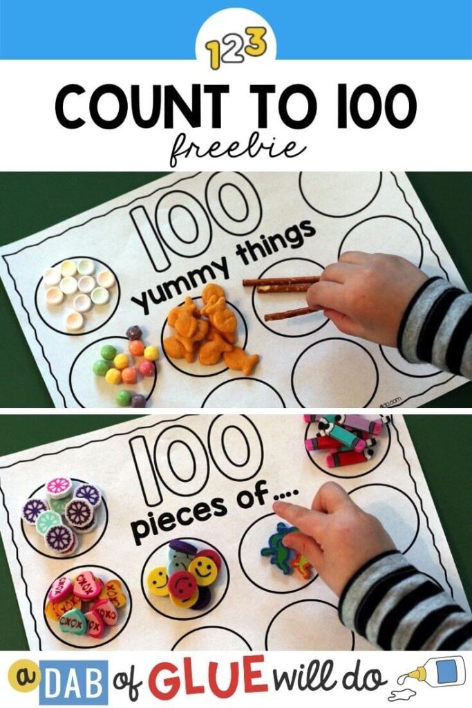 To paper mats titled "100 Yummy things" and "100 pieces of.." with a child putting objects on the mat.