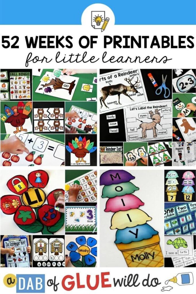 A collage of printable activities for young kids