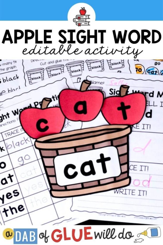 A basket with the word "cat" on it and apples on top spelling out the word.