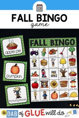 Fall bingo game board with three bingo cards