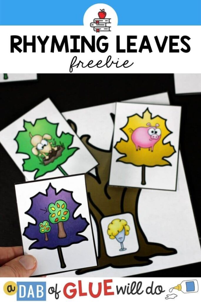 A paper tree with a picture of a wig on it with three leaf picture cards placed on top that have rhyming words on them.
