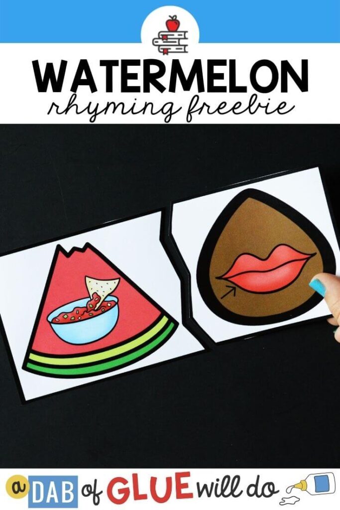 Watermelon puzzle cards with the rhyming words "dip" and "lip" on them.