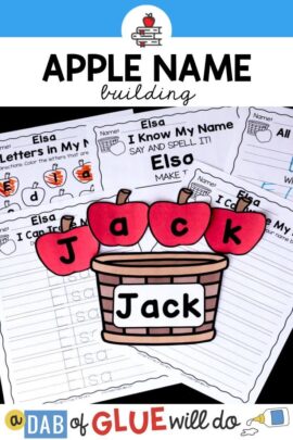 Editable paper apple baskets, apples, and worksheets to practice spelling your name