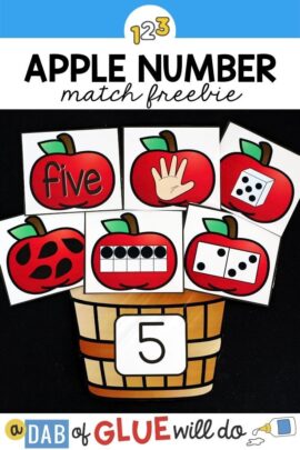 A basket with the number 5 on it with apples on top showing the number 5 in different ways.