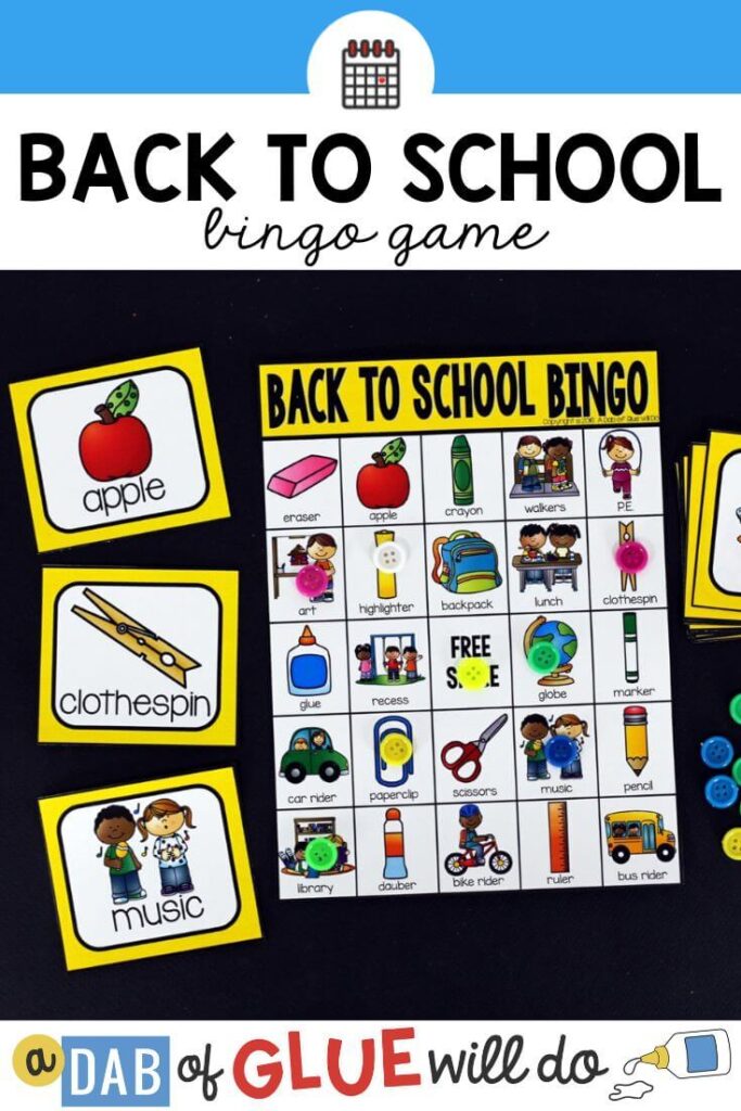 A back to school bingo game board with three bingo calling cards next to it.