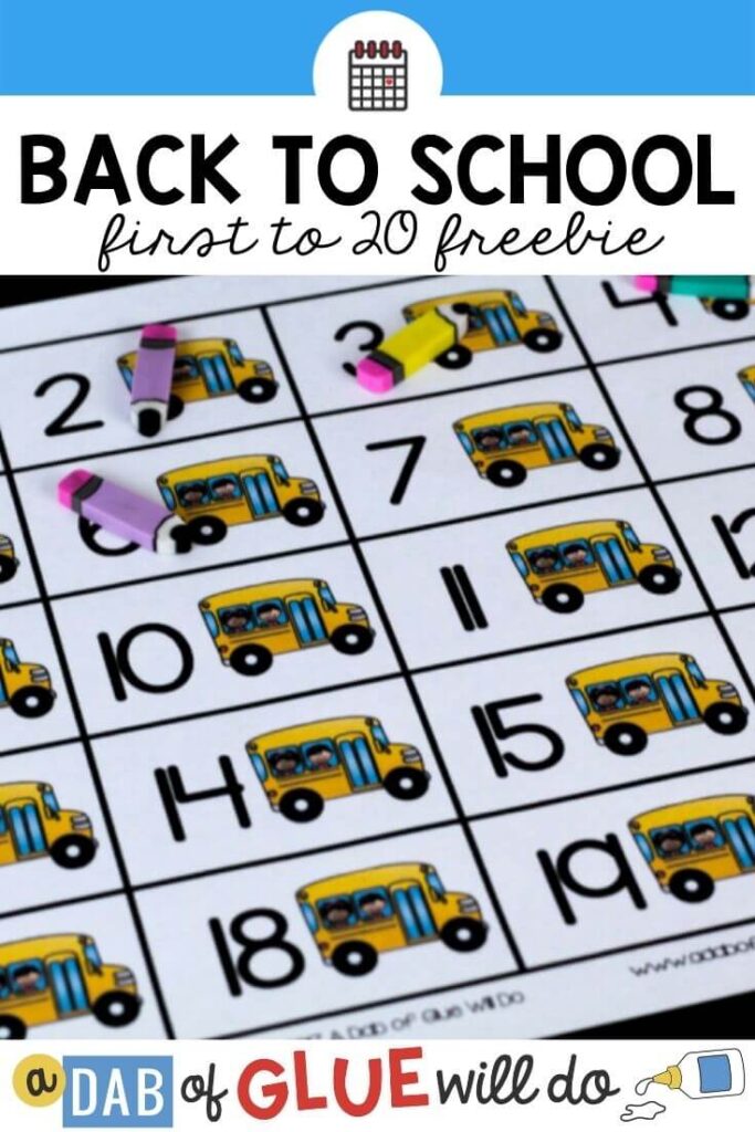 Numbers 1-20 on a paper with a clip-art bus next to each number