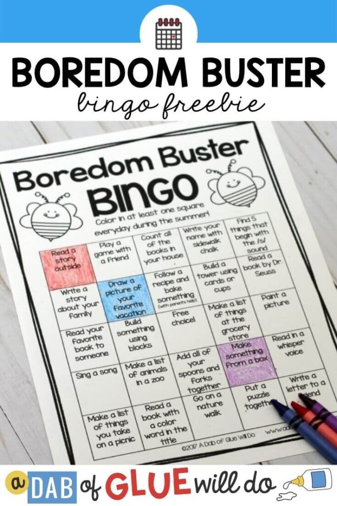 A boredom buster bingo game board with three squares colored in