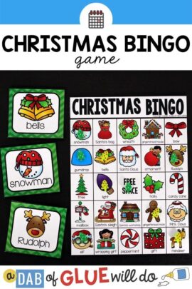 Christmas bingo game board with 3 calling cards