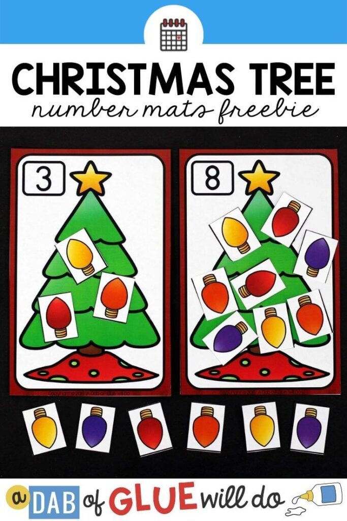Two paper mats with christmas trees on them, one with the number 3 and one with the number 8, with paper lights added on top to match the number.