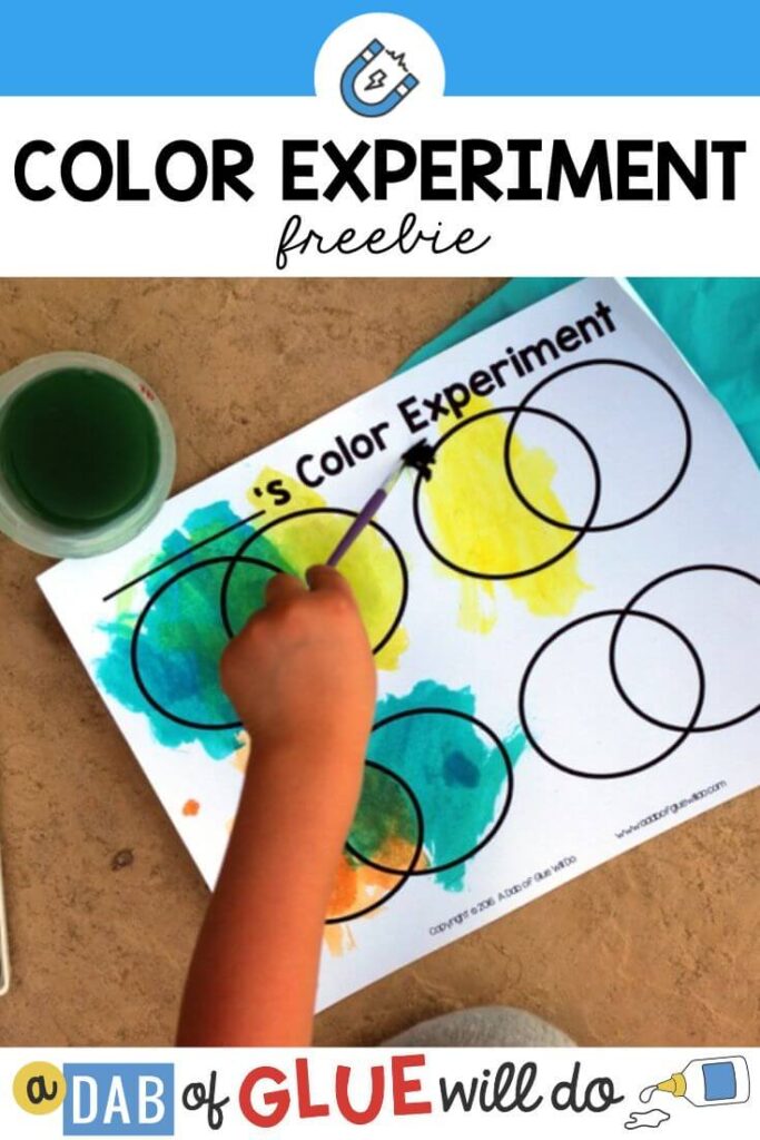 A child mixing colored water on a paper title "___ Color Experiment"