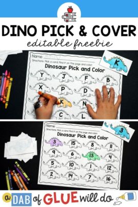 A dinosaur pick and cover activity done in two ways, one with the letters of the alphabet and one with numbers 1-20