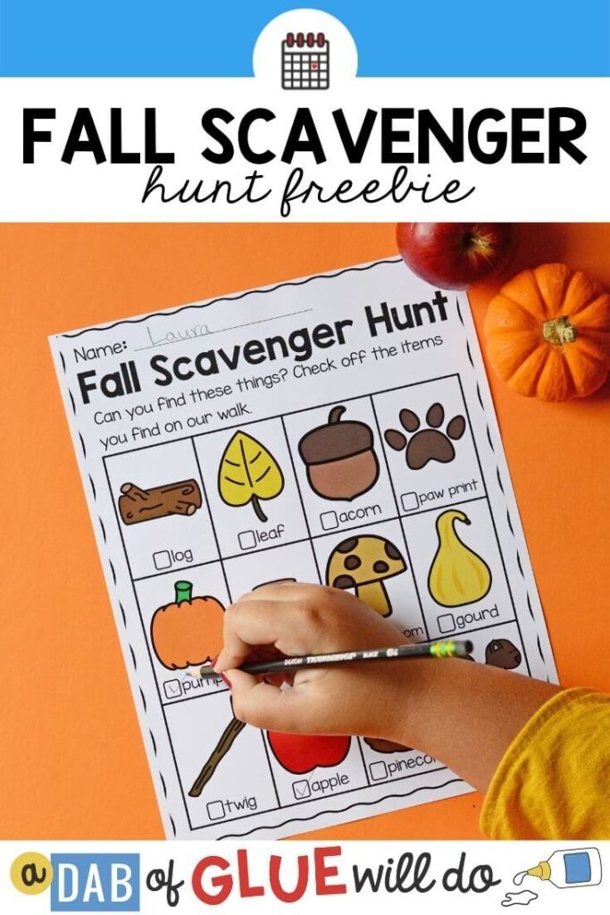 A child checking off a paper titled "Fall Scavenger Hunt" with pictures of different outdoor fall items on it.
