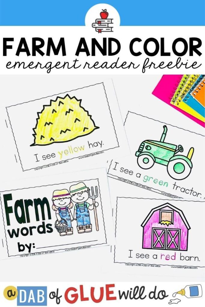 Pages of a farm emergent reader where each page says what color to color the picture.