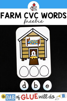 A card with a chicken coop with a picture of a bed on top with three blank eggs on the bottom and the letters of the word bed mixed up.