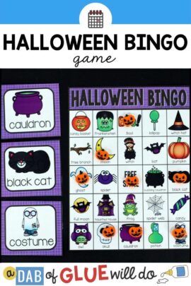 Halloween bingo board with three halloween bingo cards next to it.