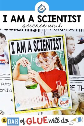 A poster with the title "I am a Scientist" on it with a girl wearing lab goggles holding up a beaker in a lab.