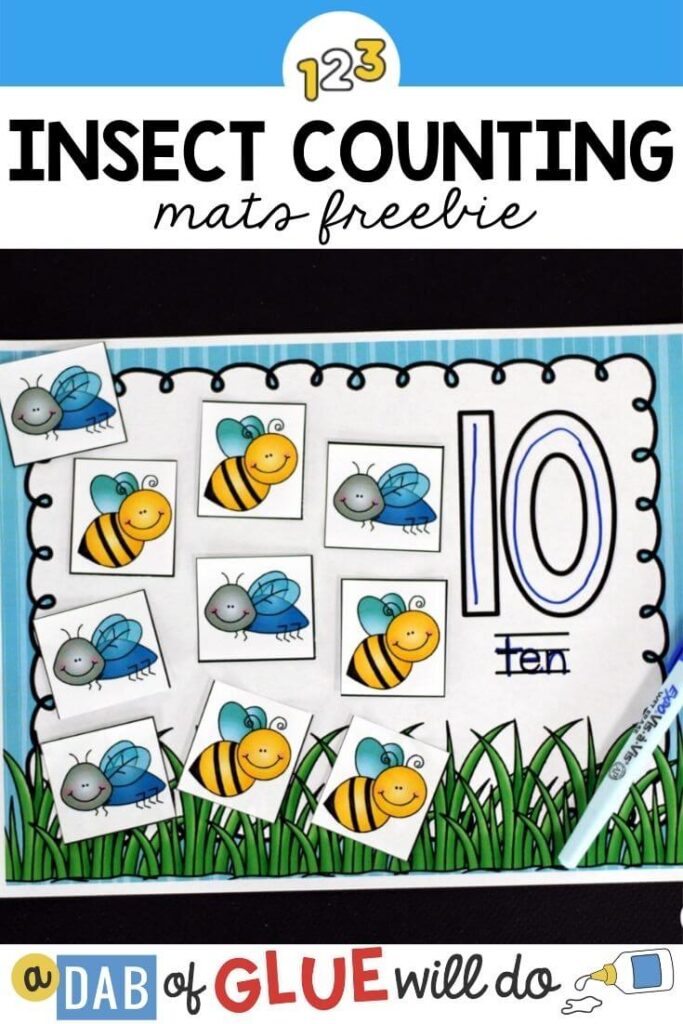 A paper mat with the number and word 10 on it and 10 bug cards on the mat.