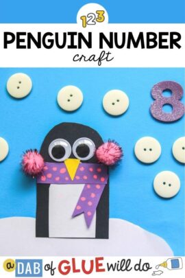 Paper penguin craft with 8 buttons as snowflakes and the number 8.