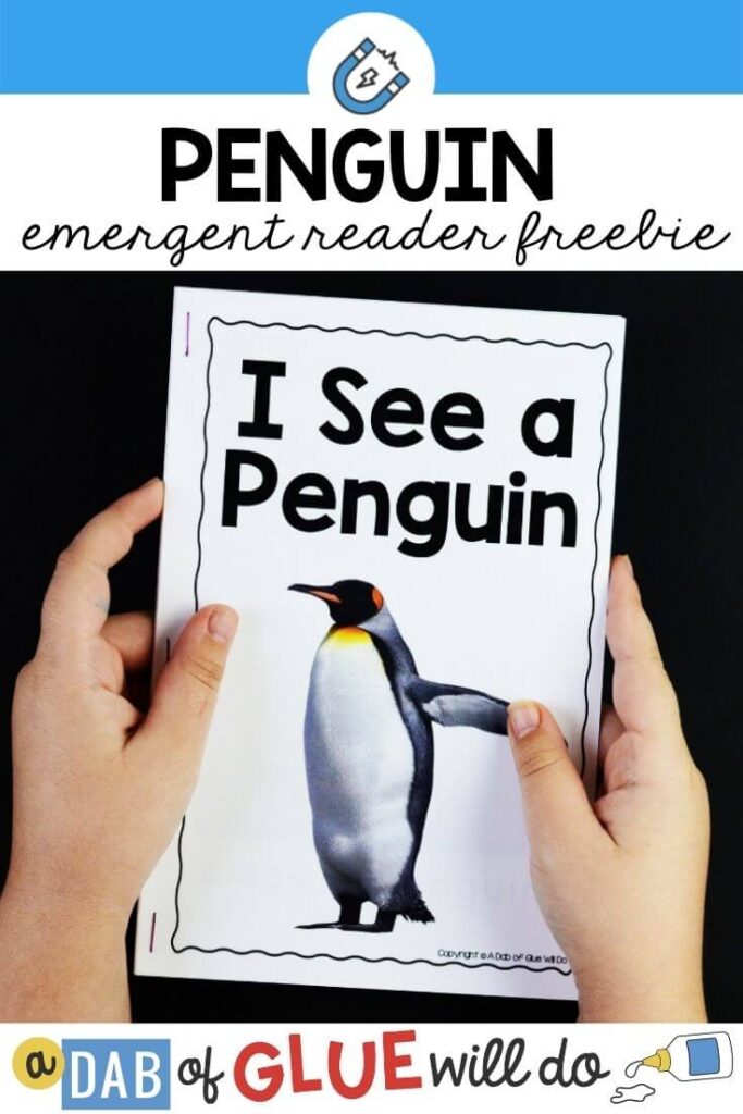 A child holding an emergent reader titled "I see a penguin"