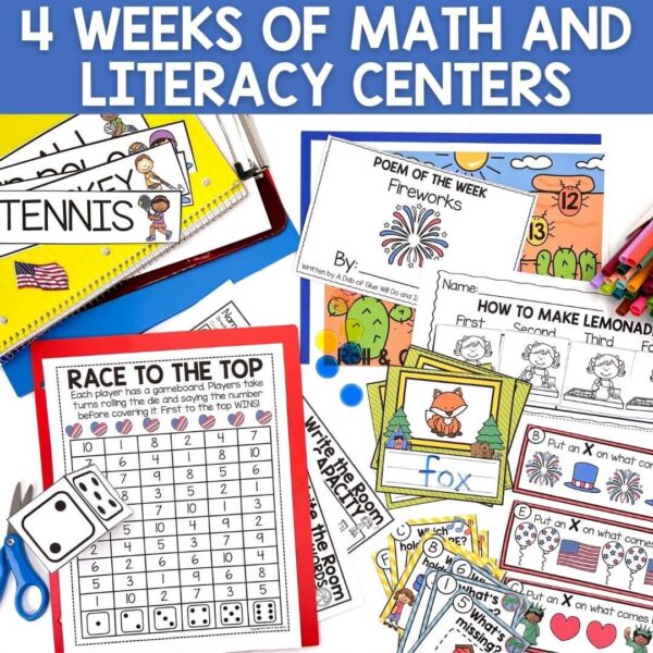 July Monthly Math and Literacy Centers for Pre-K - A Dab of Glue Will Do