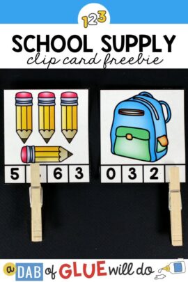 one card with 4 clip art pencils on it with a clothespin clipping the number 4 on it and another card with one blue backpack with a clothespin clipping number one