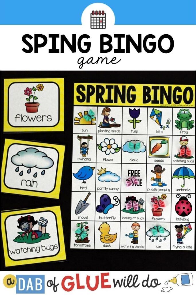Spring bingo board and three bingo calling cards