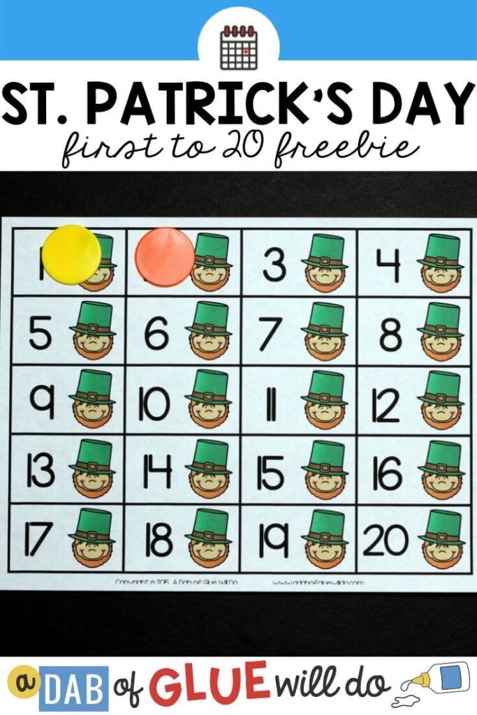 A paper with numbers 1-20 with leprechauns next to each number.