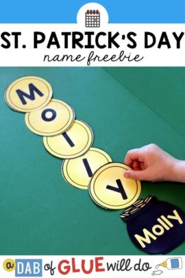 A paper pot with the name Molly on it with 5 gold coins stacked on top spelling the name