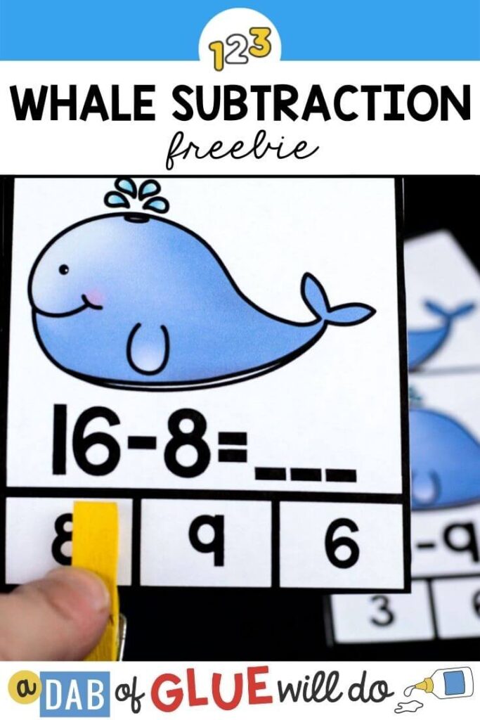 A whale card that has the equation "16-8=" on it with three difference options, 8, 9, or 6 and a yellow clothespin on the number 8.