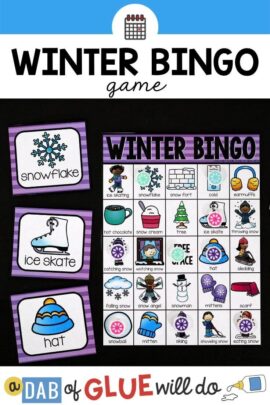 Winter bingo board and 3 bingo calling cards